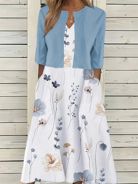 Heidi-Mode | Elegante Zweiteilige Blumenkleid-Set mit Einfarbigem Crop-Top und Rundhalskleid