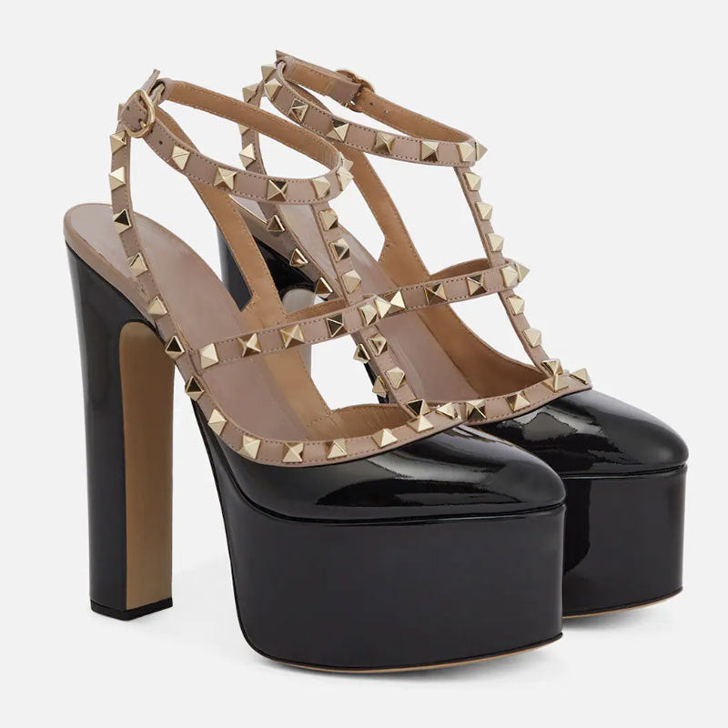 Heidi-Mode | Nieten Rund Kopf Riemen Wasserdicht Plattform Dicke Absatz Pumps