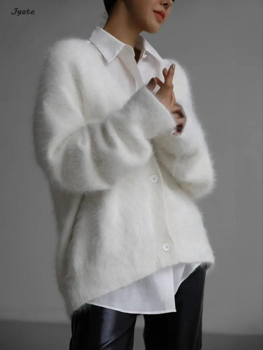 Heidi-Mode | Damen Strickpullover Strick Weicher Mohair Pullover mit V-Ausschnitt Lässig und Bequem