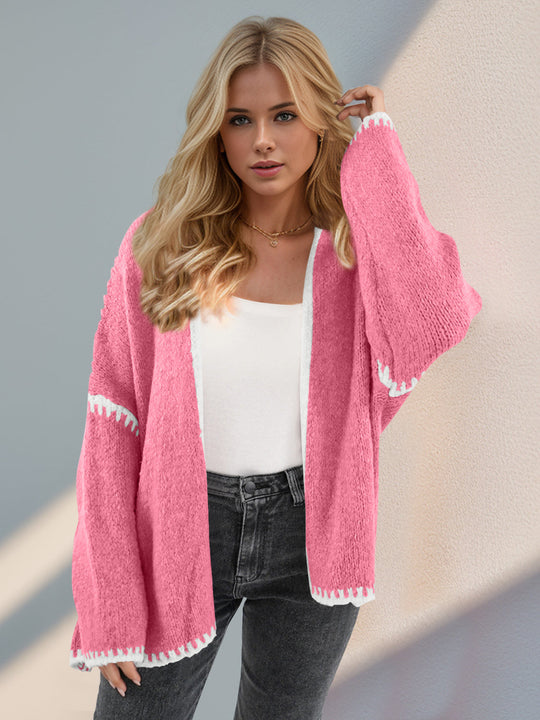 Heidi-Mode | Double Take Kontrast Offene Vorderseite Herunterfallende Schulter Strickjacke