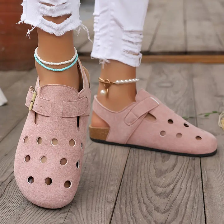 Retro-Hohlkork-Clogs mit Schnallenriemen an der Spitze