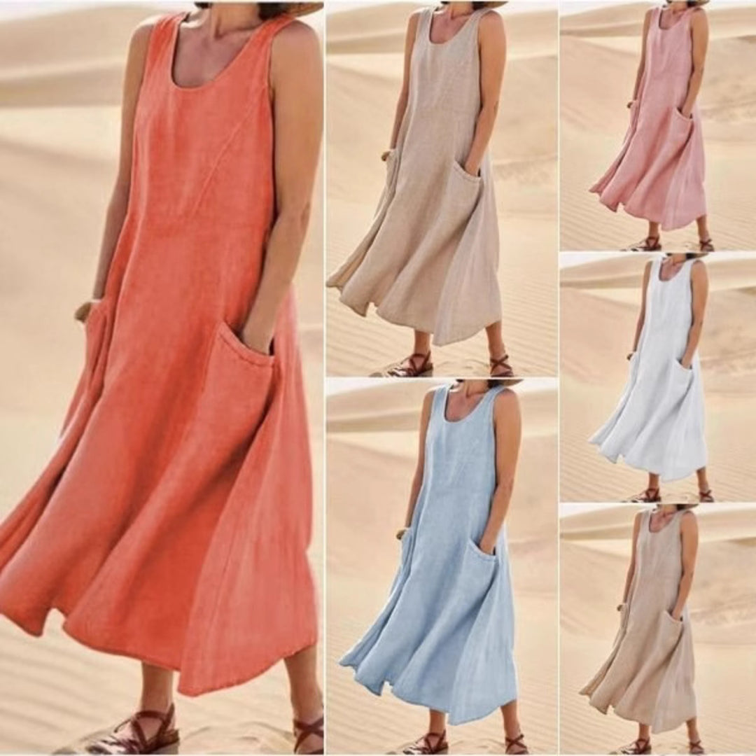 Heidi Mode | Ärmelloses Kleid aus Baumwolle und Leinen mit Rundhalsausschnitt und Tasche