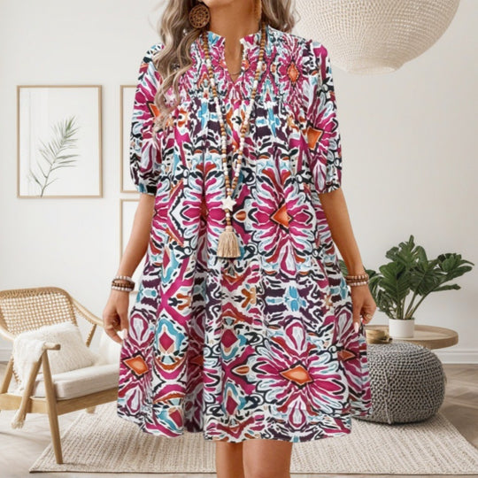 Heidi Mode | Bohemian Women 's Fashion Bedrucktes Kleid mit V-Ausschnitt