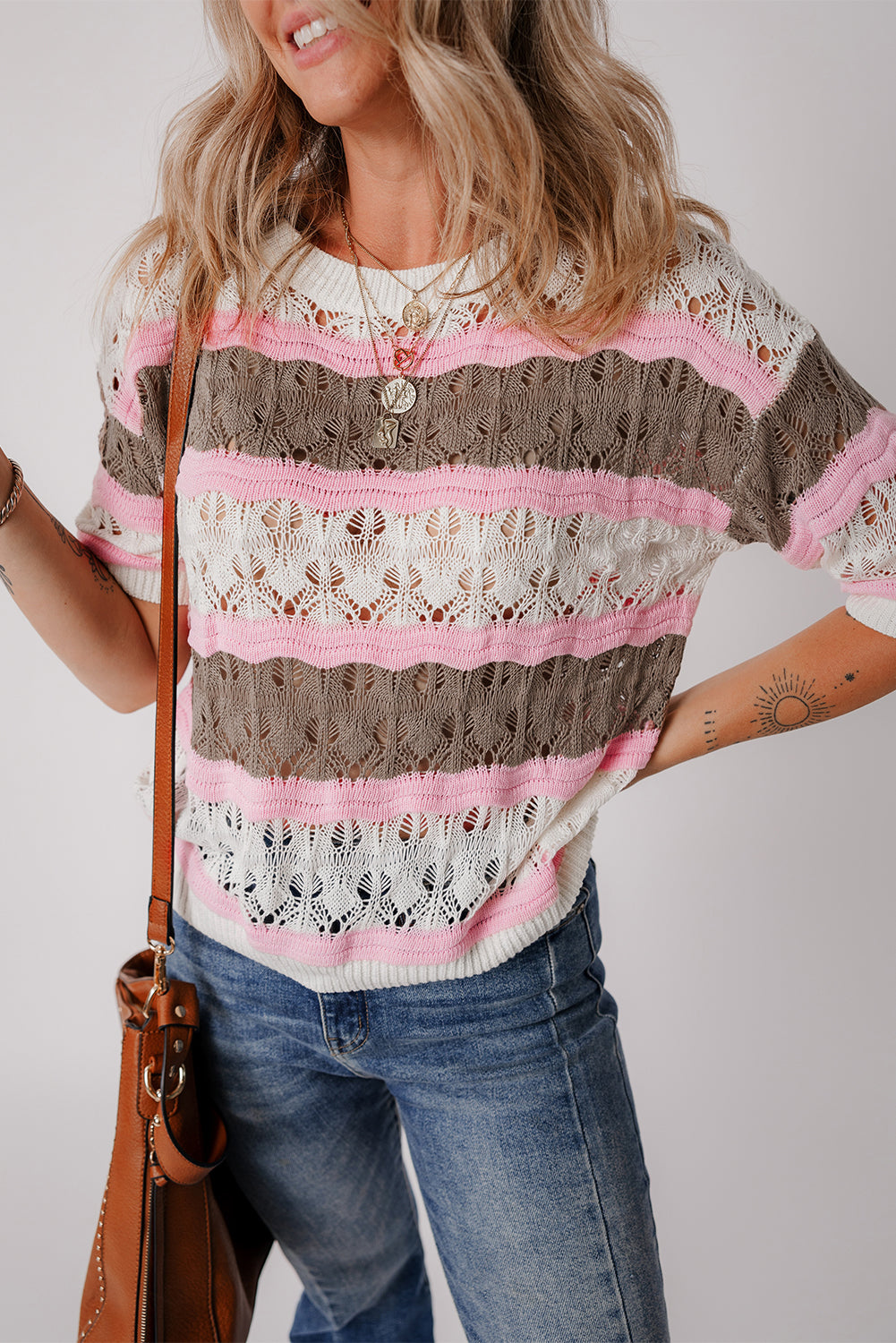 Stripe Color Block Hollow Out Crochet Half Sleeve Pullover