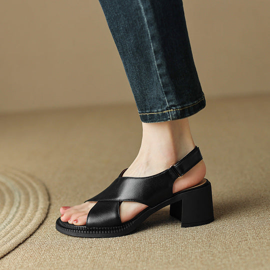 Heidi-Mode | Mid Heel Plus Size 40 41 Breite Riemen Offene Zehe Retro Sandalen