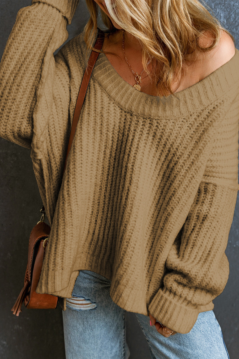 Rippenstrick Rundhalsausschnitt Slouchy Chunky Pullover