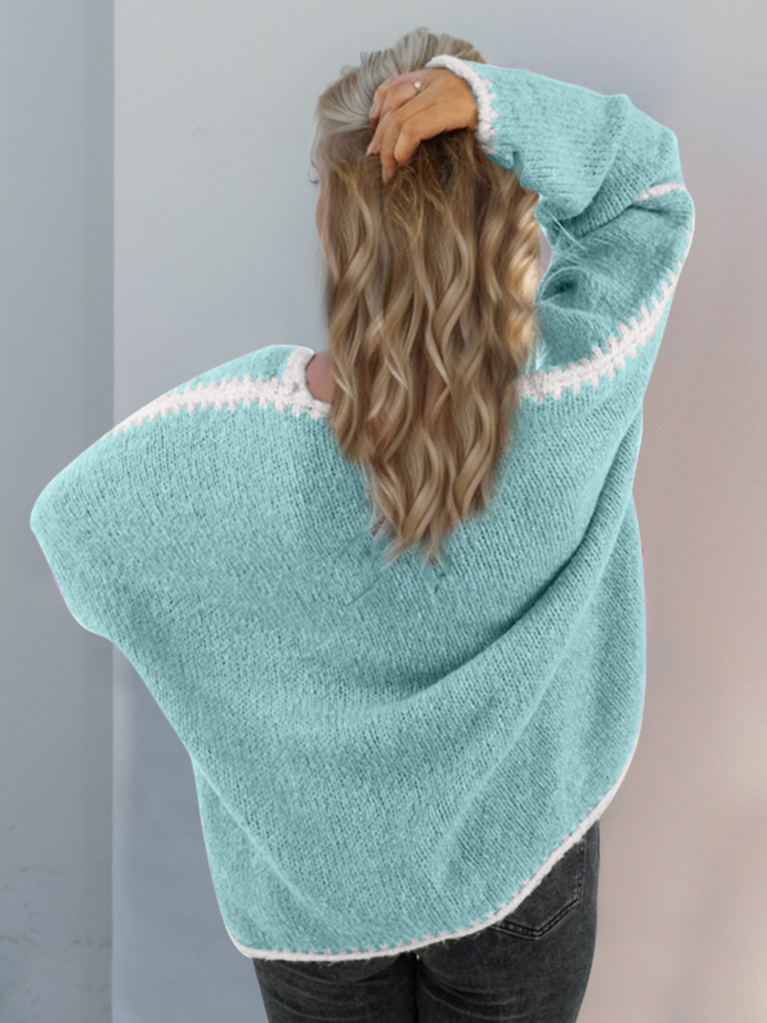Heidi-Mode | Double Take Kontrast Offene Vorderseite Herunterfallende Schulter Strickjacke