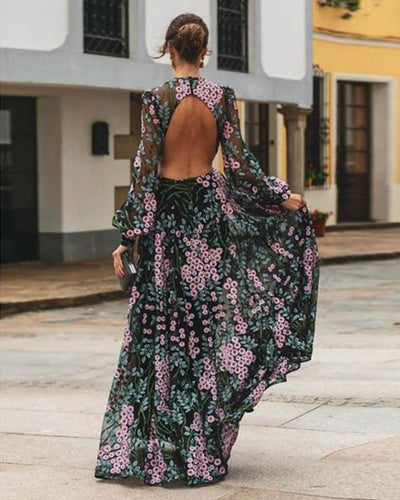 Vintage Blumen rückenfreies Maxikleid