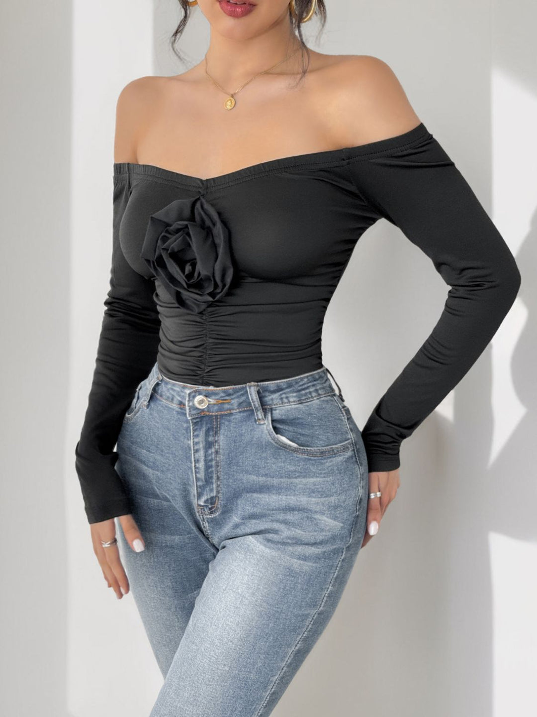 Heidi-Mode | Perfee Raffung Blumen Off-Shoulder Langarm Body