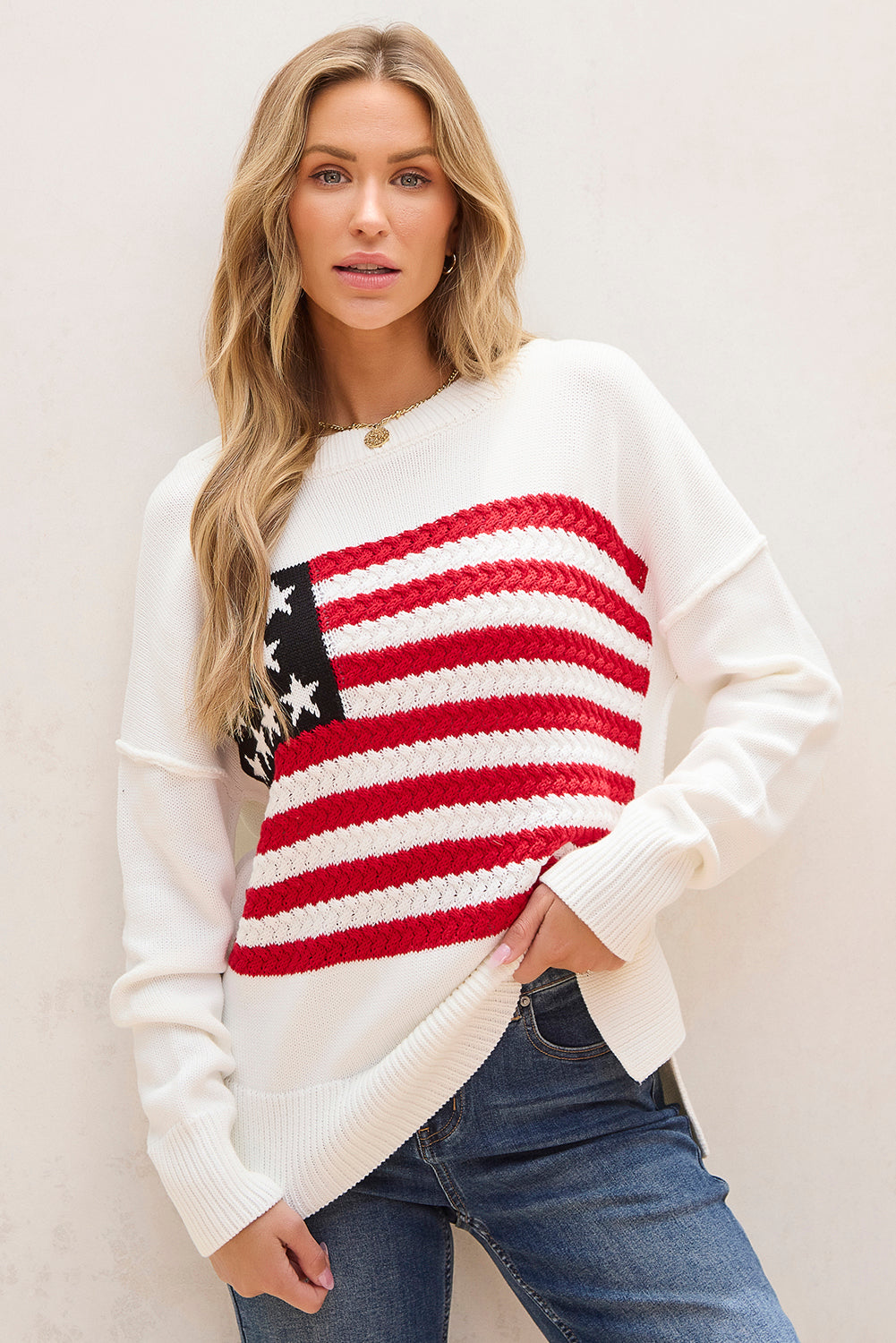 Pullover Mit Amerikanischer Flagge Und Gestrickten Schultern