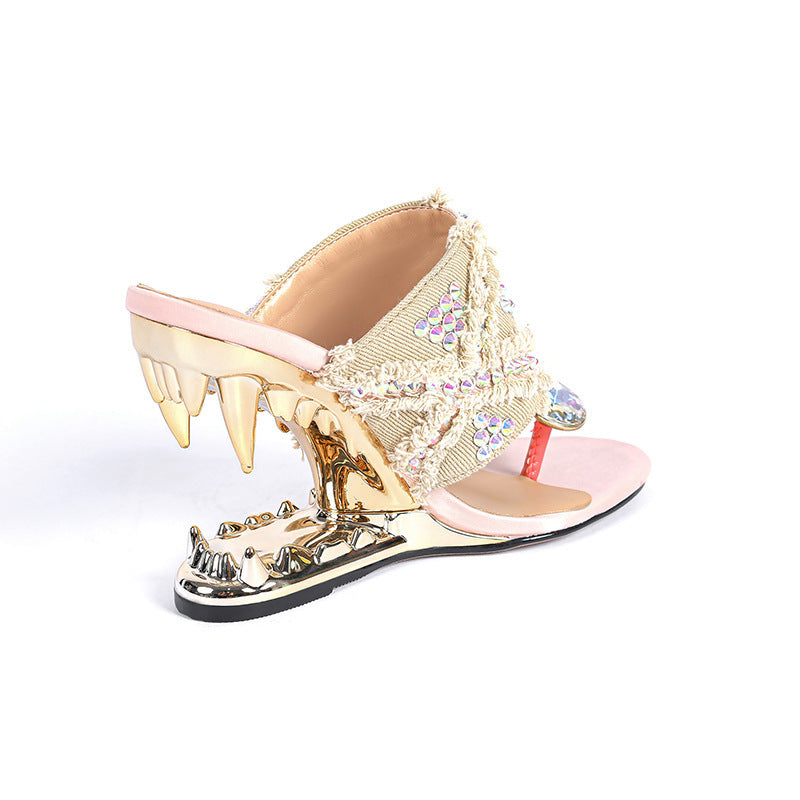 Heidi-Mode | Strass Rund Zehen Clip Zehen Slip On Metall Zähne Profilierte Ferse Frauen Hohe Ferse Plus Größe Schuhe