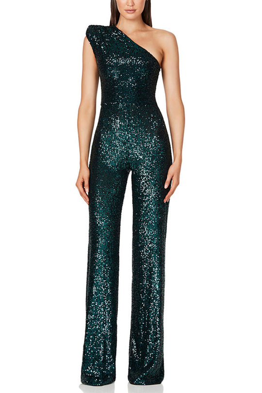 Heidi-Mode | Alize Stretch Paillette Ein Schulter Breite Beine Jumpsuit