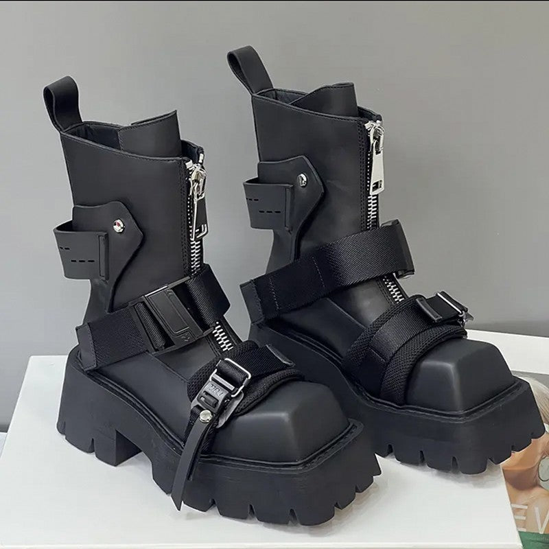 Heidi-Mode | Leder Damen Quadrat Zehen Dicke Sohle Vorne Reißverschluss Stiefeletten