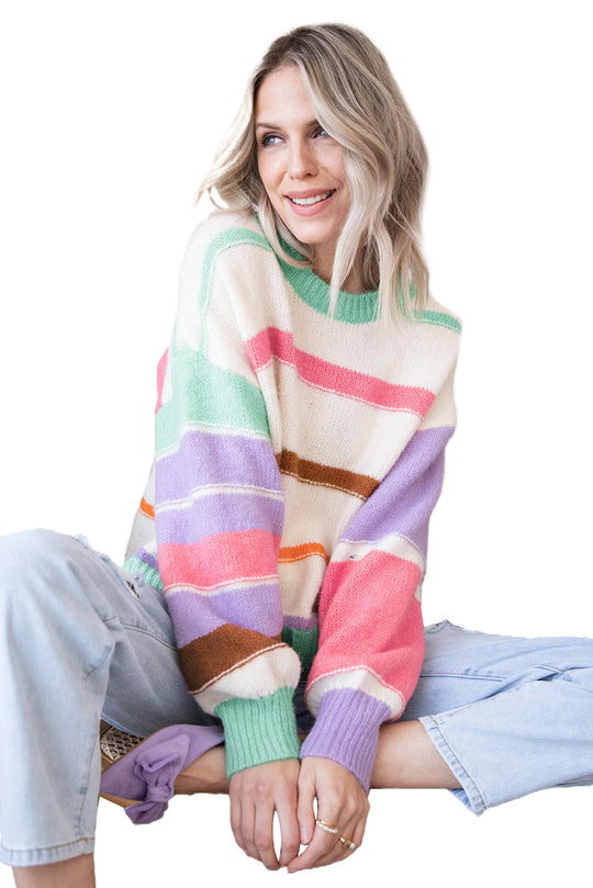 Gestreifter Colorblock Pullover Mit Überschnittenen Schultern