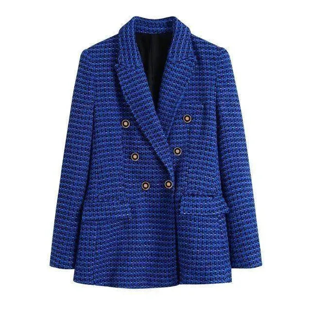 Heidi-Mode | Dunkelblau Tweed Blazer Damen - Lässig - Kariert