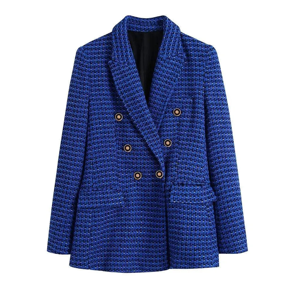 Heidi-Mode | Dunkelblau Tweed Blazer Damen - Lässig - Kariert