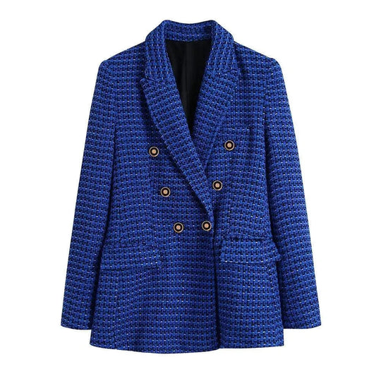 Heidi-Mode | Dunkelblau Tweed Blazer Damen - Lässig - Kariert