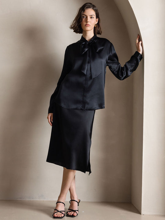 Heidi-Mode | Damen Elegante Seidenbluse mit Schlipskragen und Langen Ärmeln