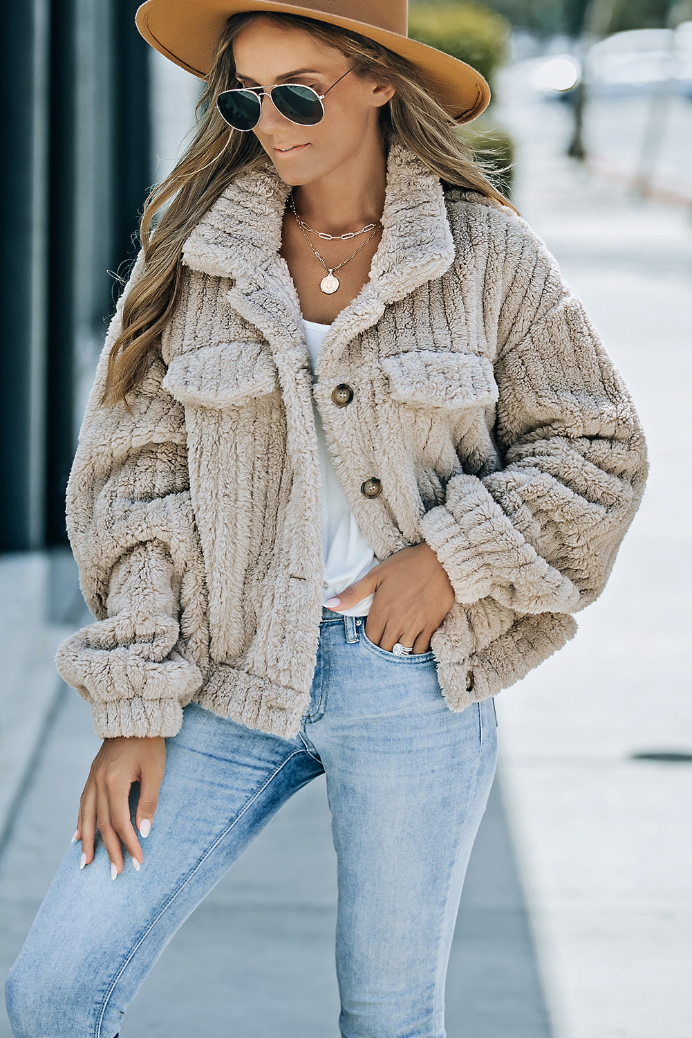 Unifarbene Plüsch Fleece Jacke Mit Knopfleiste