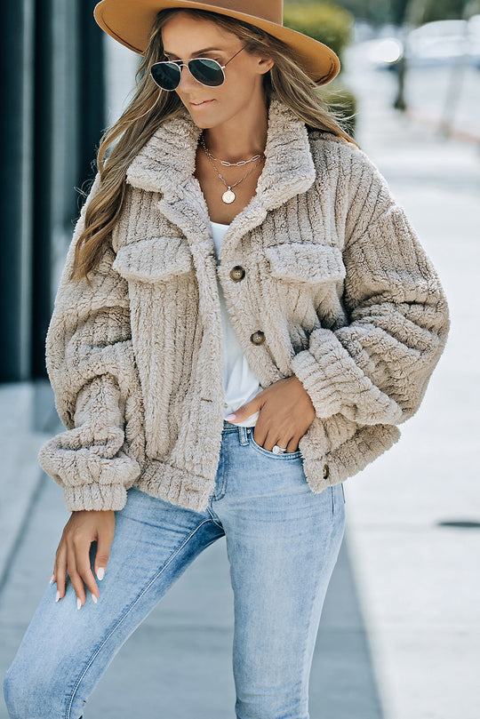 Unifarbene Plüsch Fleece Jacke Mit Knopfleiste