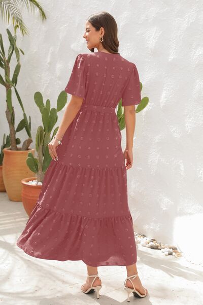 Heidi-Mode | Swiss Dot Gebunden Surplice Kurzarmkleid