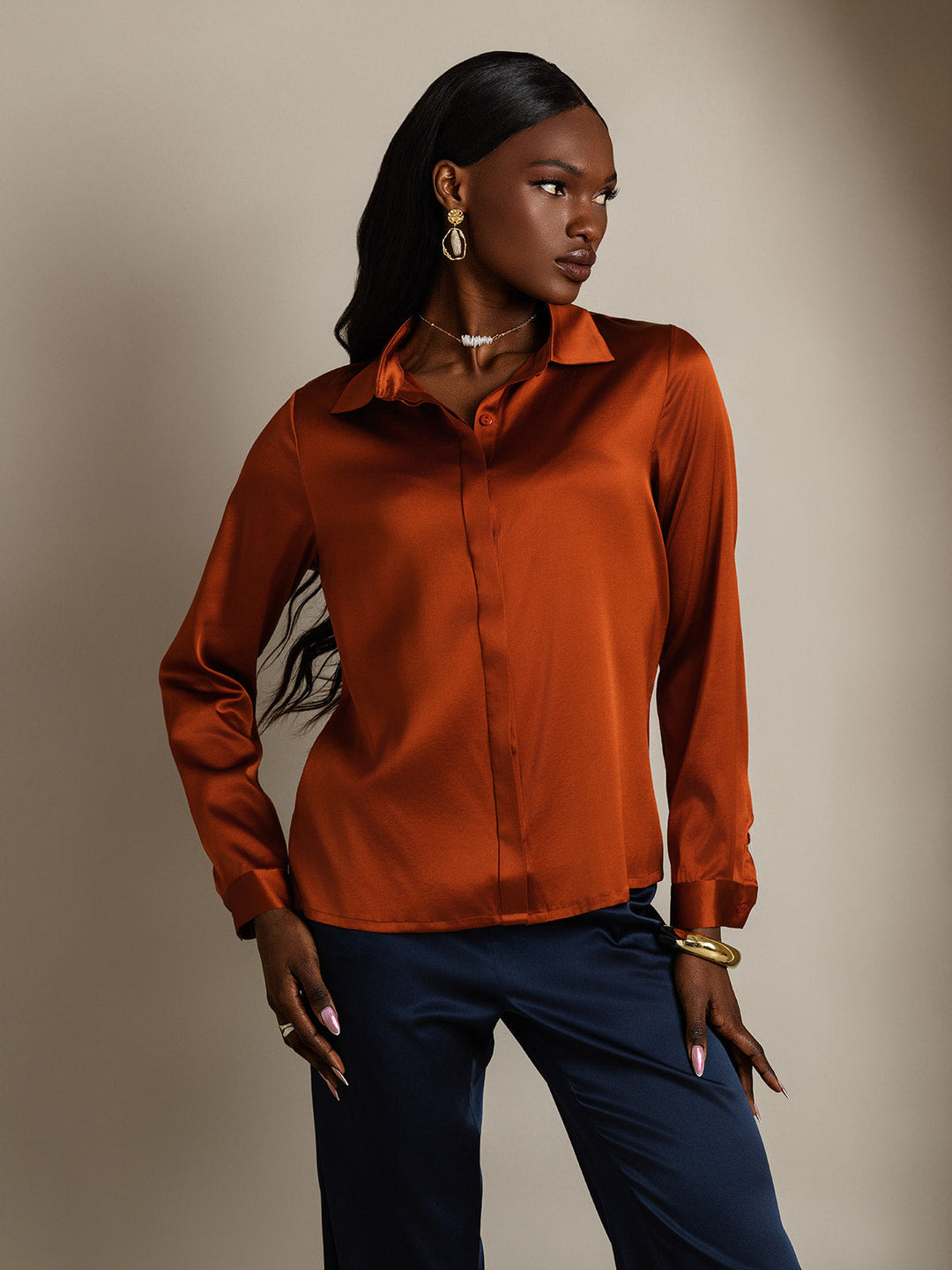 Heidi-Mode | Damen Klassische Seide Langarmshirt