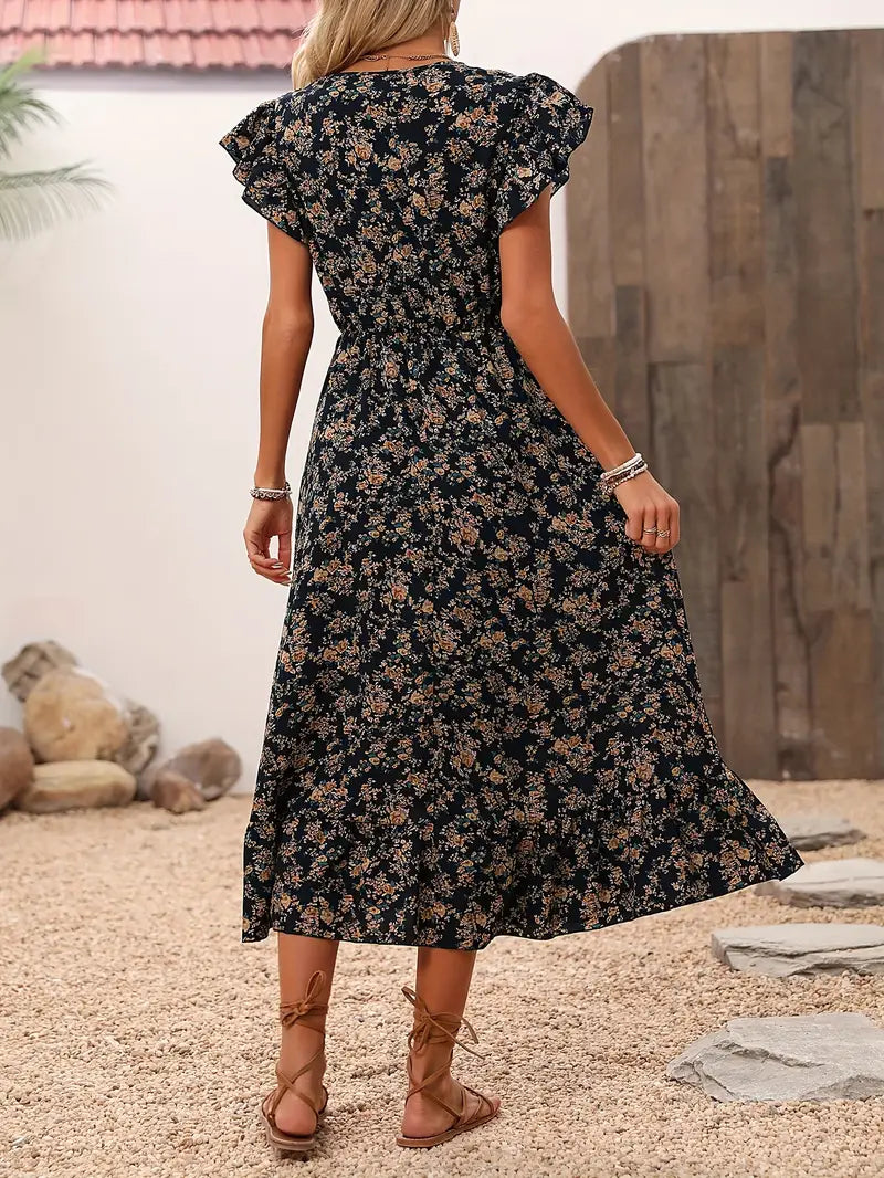 Heidi – Florales Kleid Mit V-ausschnitt Und Eleganten Rüschenärmeln