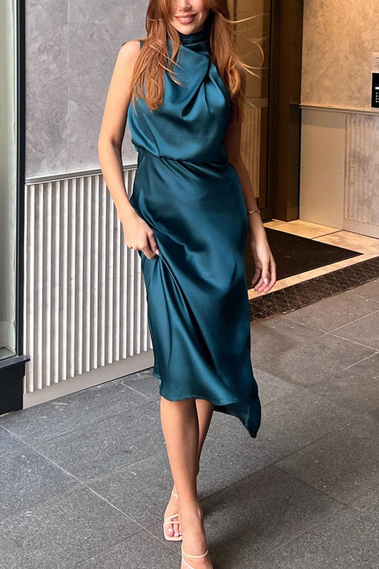 Heidi-Mode | Perfectly Yours Hoher Hals Satin Drapiert Maxi Kleid