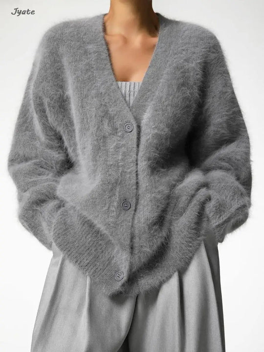 Heidi-Mode | Damen Strickpullover Strick Weicher Mohair Pullover mit V-Ausschnitt Lässig und Bequem