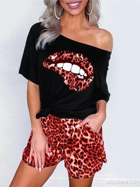 Heidi-Mode | Leopard Lip Ein Schulter T-Shirt Shorts Set