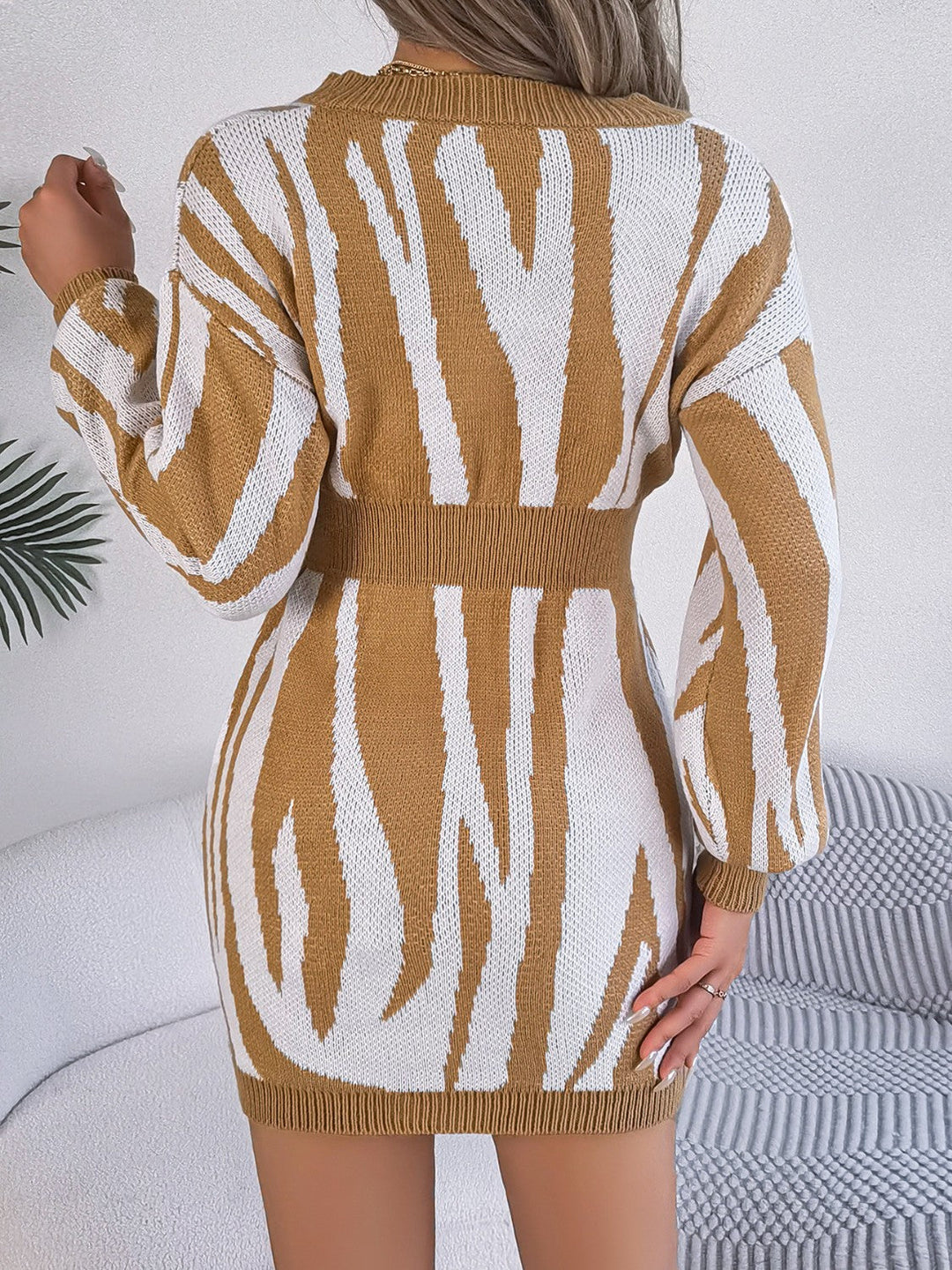 Heidi-Mode | Rüschen Druck V-Ausschnitt Langarm Pullover Kleid