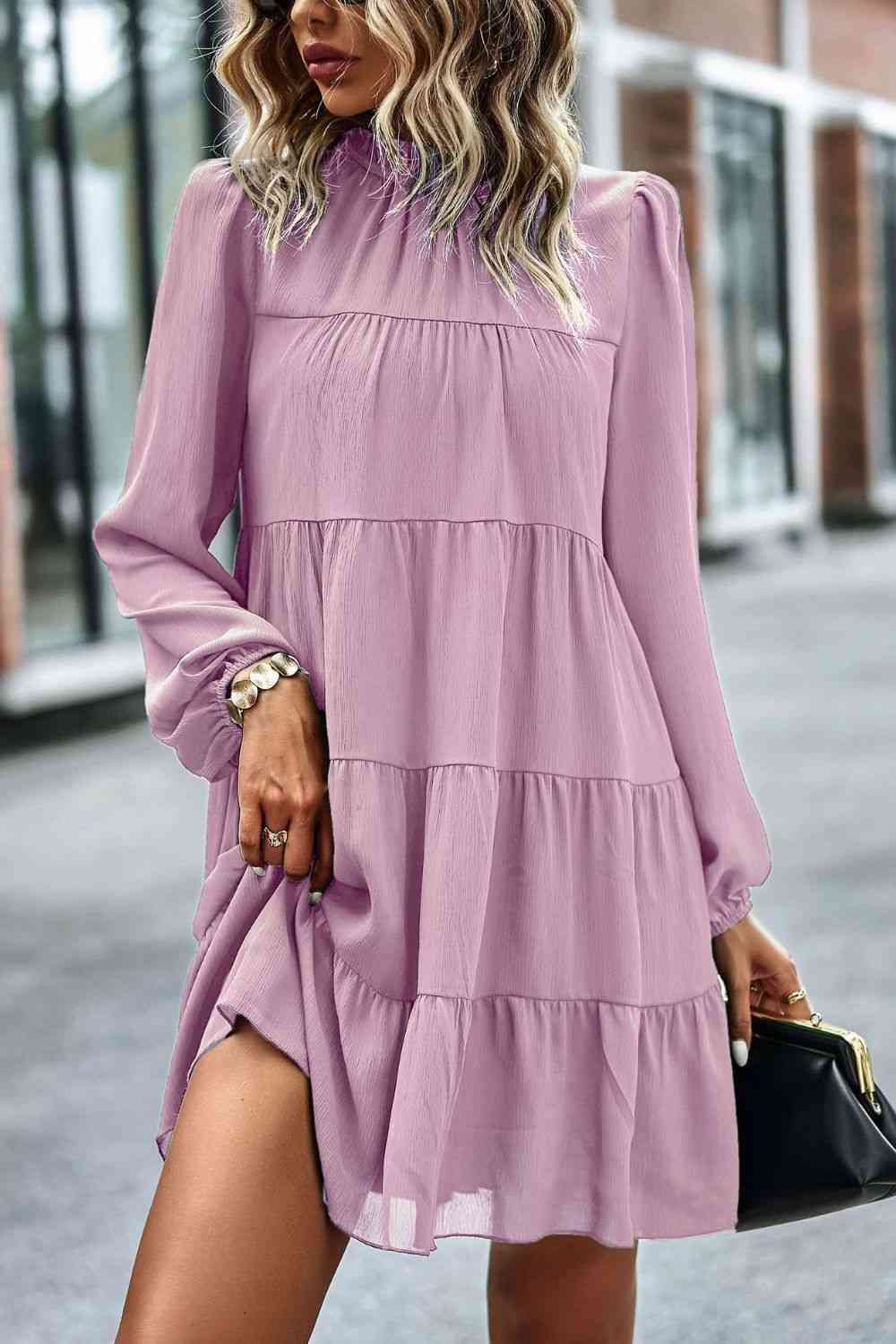 Heidi-Mode | Gebunden Rüschkragen Puffärmel Mini Kleid