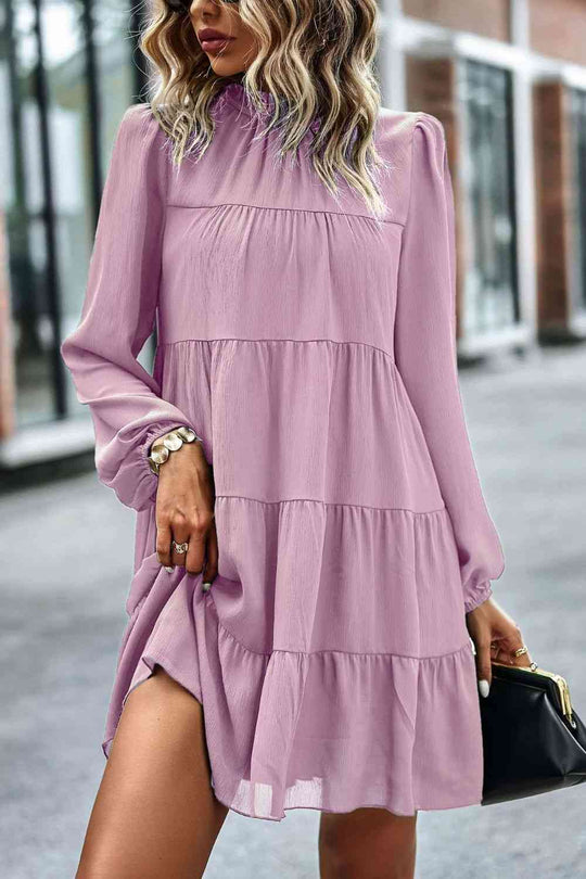 Heidi-Mode | Gebunden Rüschkragen Puffärmel Mini Kleid