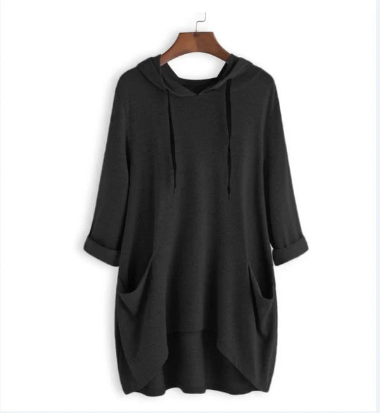 Heidi-Mode | Damen Hoodie Einfarbig Lässige Passform mit Ungleichmäßigem Taschen