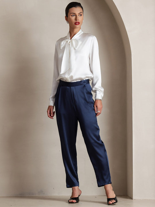 Heidi-Mode | Damen Elegante Seidenbluse mit Schlipskragen und Langen Ärmeln