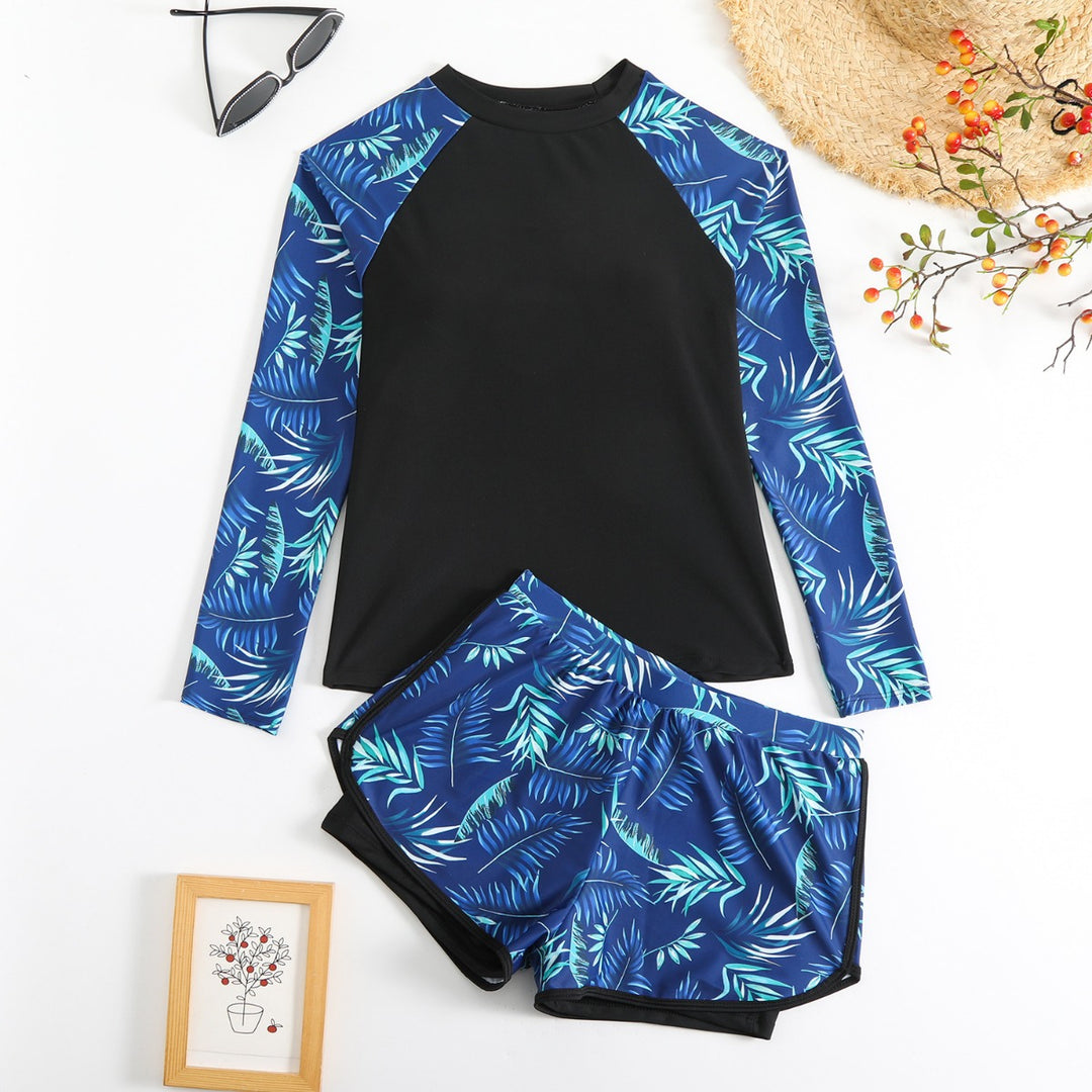 Heidi Mode | Langarm Print Spleißen Doppelhose Tankini Badeanzug