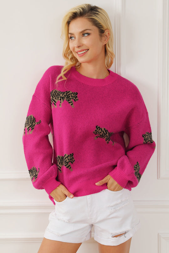 Rot Fierce Animal Pattern Casual Pullover Gestrickt