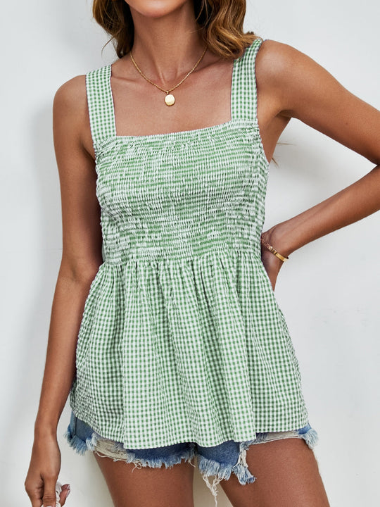 Heidi-Mode | Geraffte Karos Quadrat-Ausschnitt Tanktop