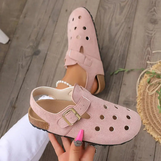 Retro-Hohlkork-Clogs mit Schnallenriemen an der Spitze