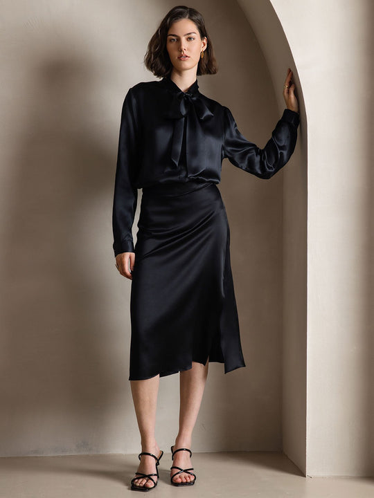 Heidi-Mode | Damen Elegante Seidenbluse mit Schlipskragen und Langen Ärmeln