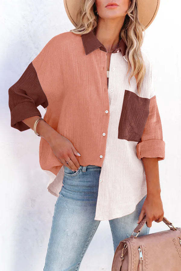 Heidi-Mode | Farbblock Texturoberknopfs Hemd mit Tasche