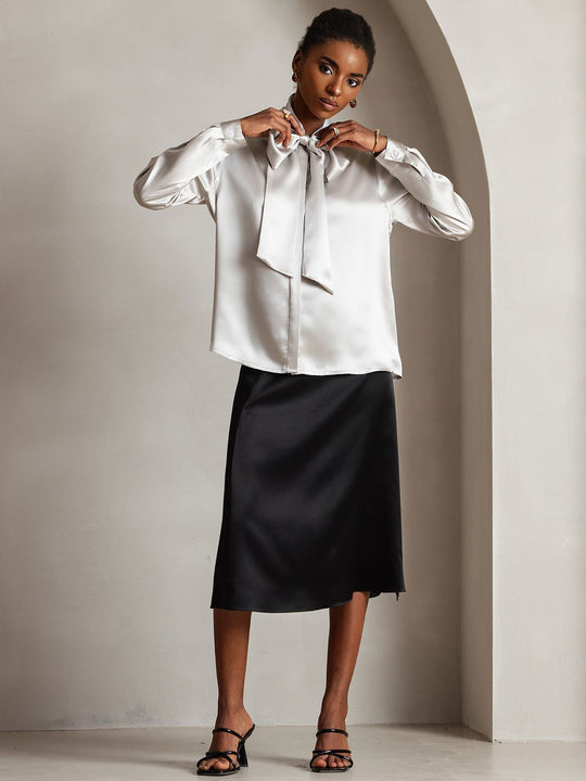 Heidi-Mode | Damen Elegante Seidenbluse mit Schlipskragen und Langen Ärmeln