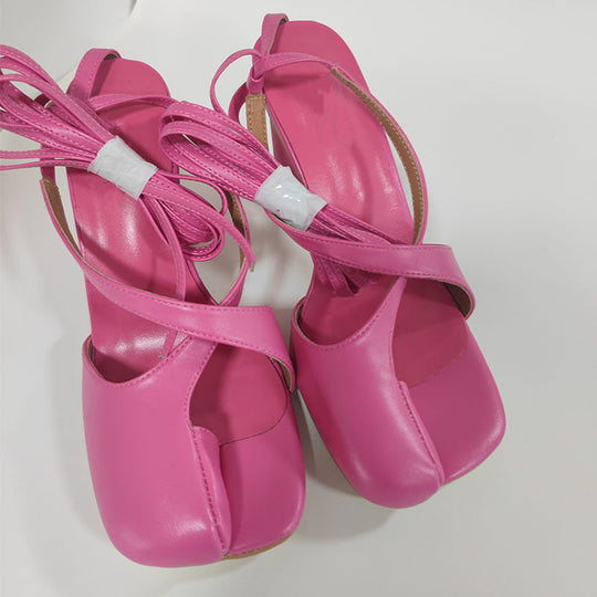 Heidi-Mode | Rund Kopf Chunky Absatz Hoher Absatz Kreuzriemen Plus Größe Aushöhlte Sandalen