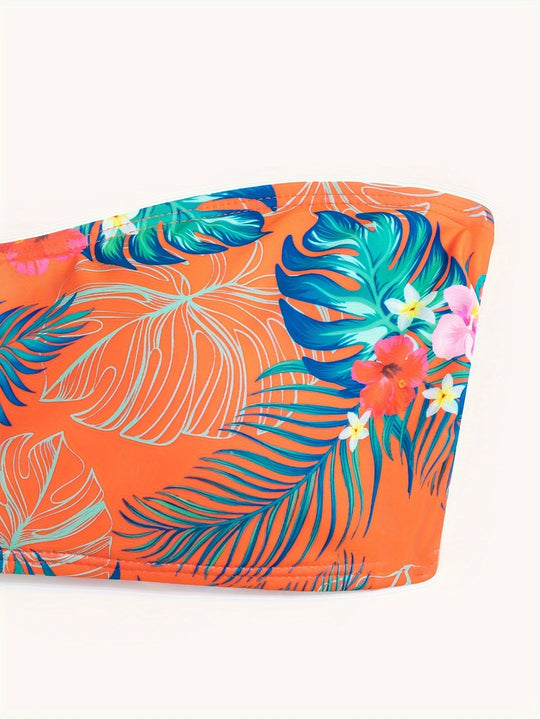 Heidi-Mode | Blauer Bandeau-Bikini Extrem Drückende Blumen, Hohe Taille