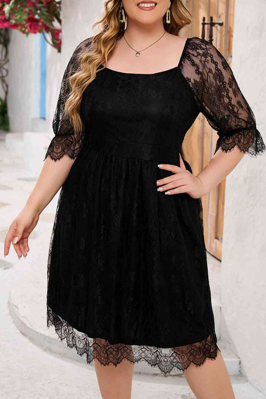 Heidi-Mode | Plus-Size Spitze Volantärmel Quadrat Ausschnitt Kleid