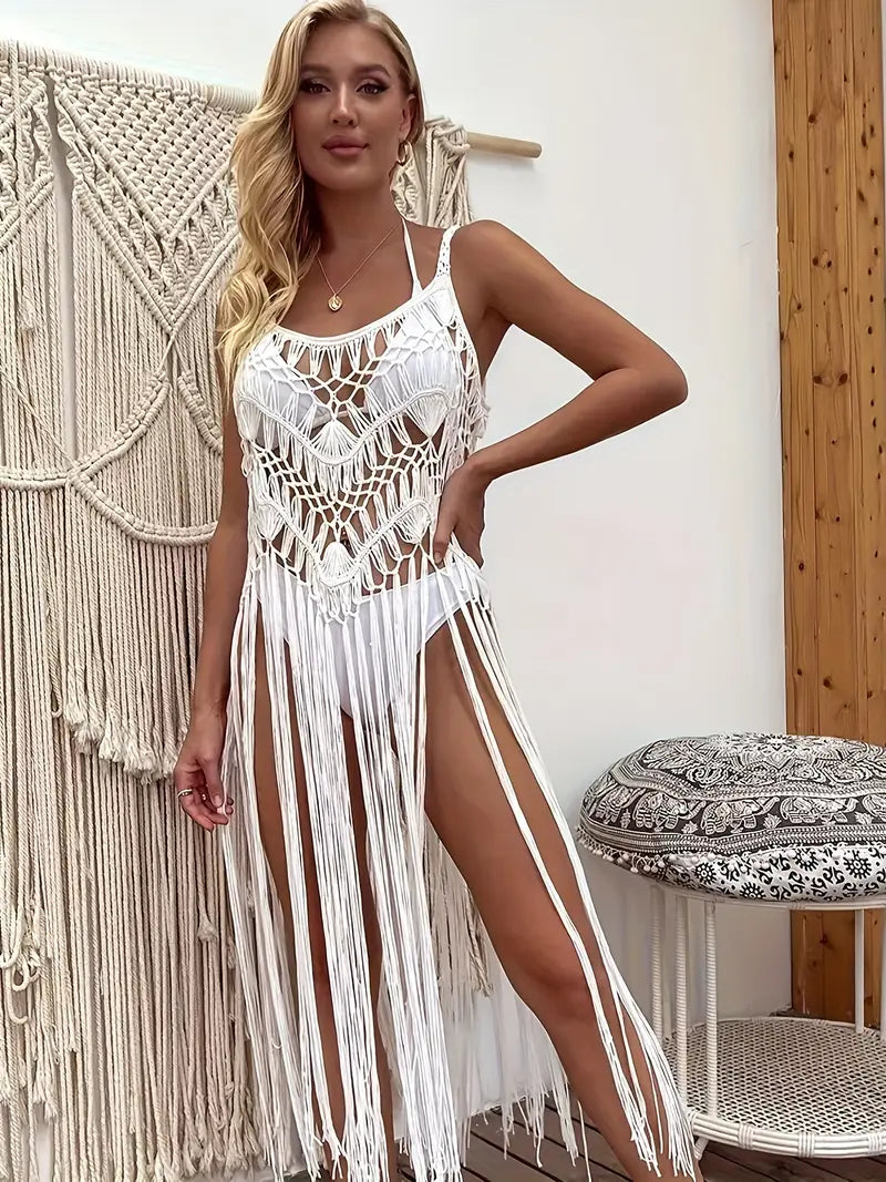 Heidi-Mode | Häkel Boho Strandkleid Weiß Tunika mit Fransen