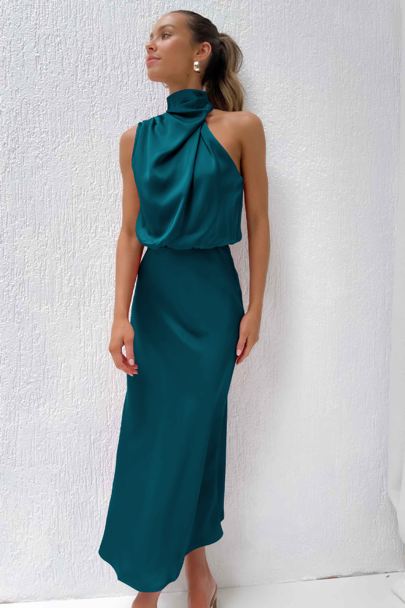 Heidi-Mode | Stilvolle Grüne Midi Kleid mit Modernem Ausschnitt