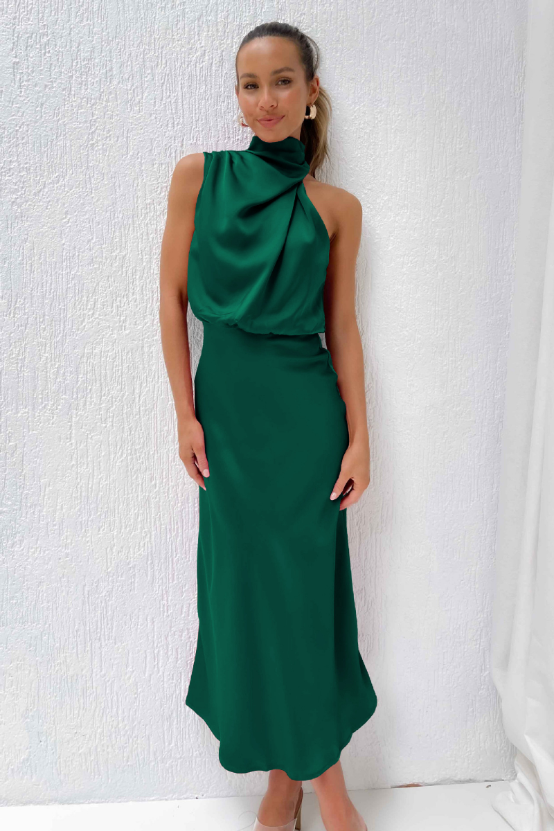 Heidi-Mode | Stilvolle Grüne Midi Kleid mit Modernem Ausschnitt