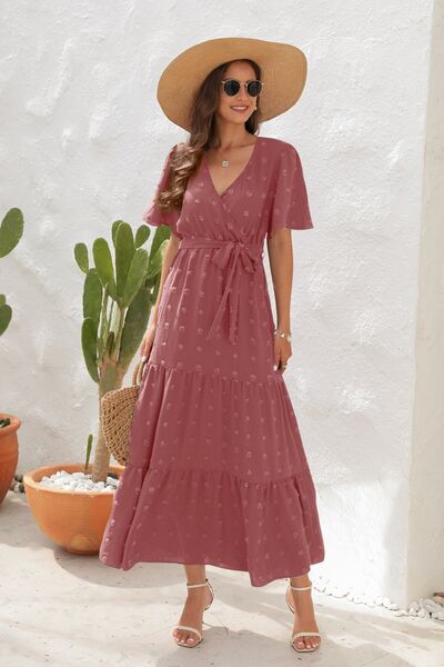 Heidi-Mode | Swiss Dot Gebunden Surplice Kurzarmkleid
