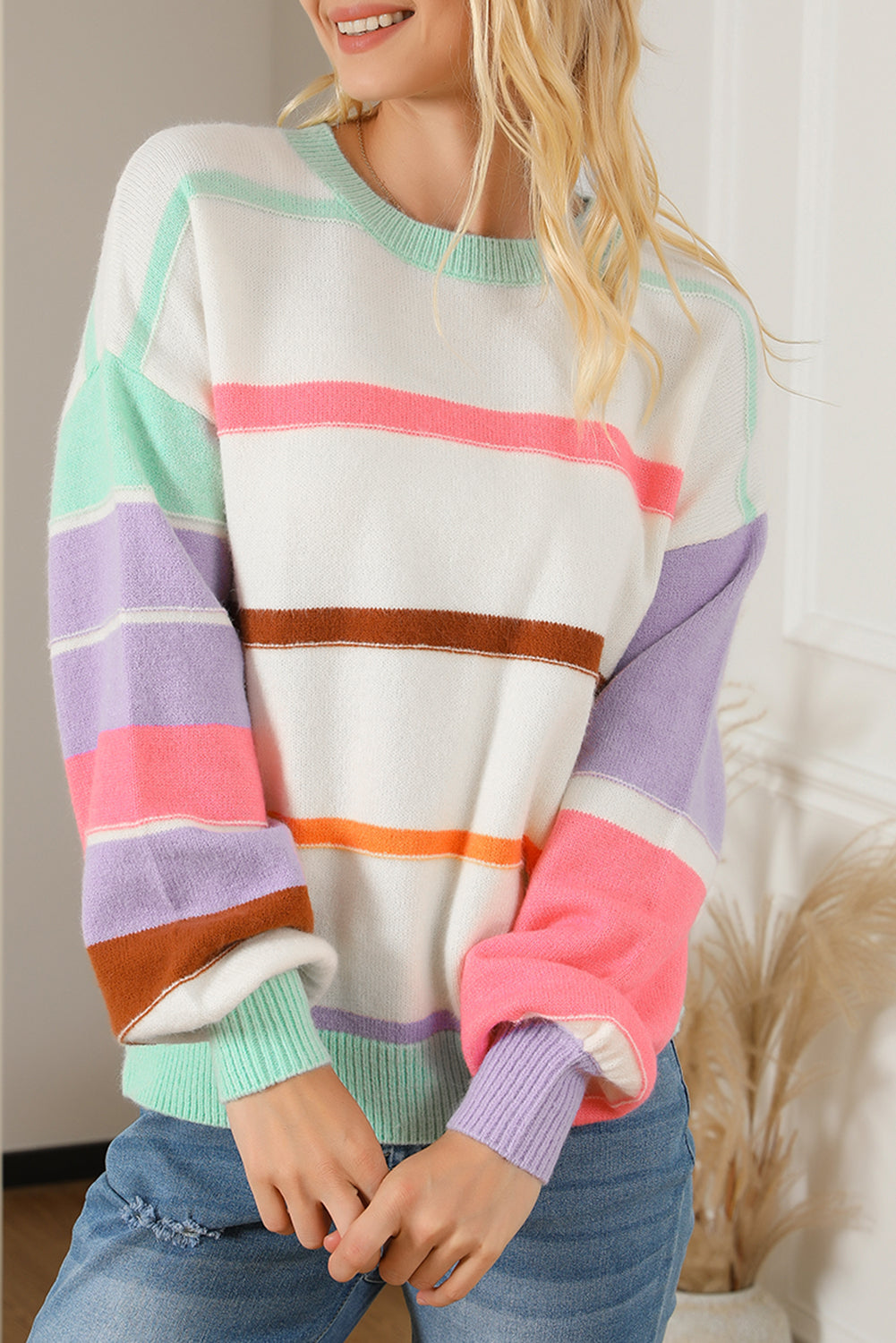 Gestreifter Colorblock Pullover Mit Überschnittenen Schultern